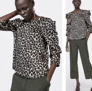 Zara Giraffe Print Ruffle Sleeve Blouse